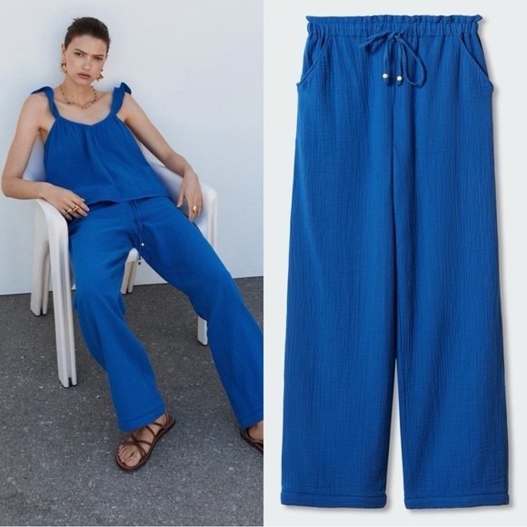 NWT MANGO Elastic Gauze Cotton Cobalt Blue Pants Sz XL - Picture 1 of 7